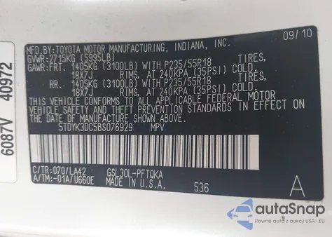 2011 Toyota Sienna Limited V6 z USA, uszkodzony, nr VIN 5TDYK3DC5BS076929